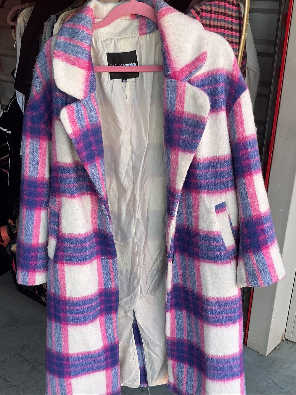 Fashion Nova Pink & Purple Plaid Long Coat